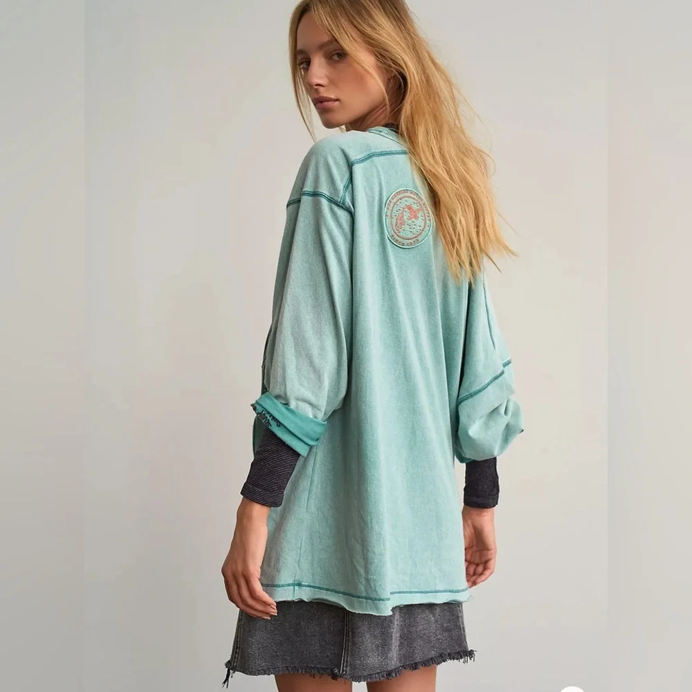 Free People Ivy Tee Surfing Long Sleeve Embroidered Patches Vintage Shirt Sz S - Picture 4 of 7